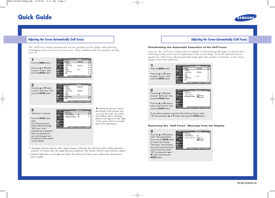 Quick guide, Adjusting the screen automatically (self focus) | Samsung CRT Television User Manual | Page 2 / 2