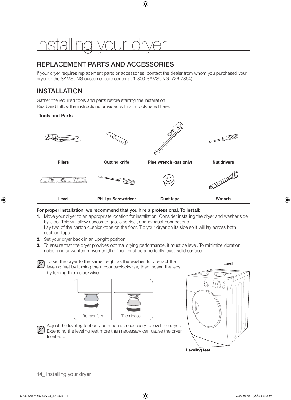 Installing your dryer, Replacement parts and accessories, Installation | Samsung DV209AE User Manual | Page 14 / 68