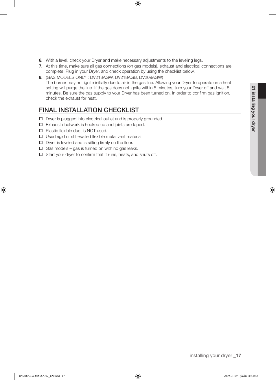 Final installation checklist | Samsung DV209AE User Manual | Page 17 / 68