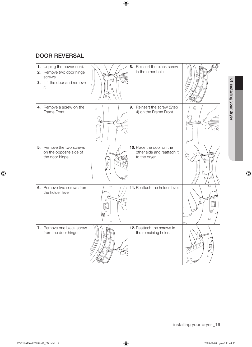 Door reversal | Samsung DV209AE User Manual | Page 19 / 68