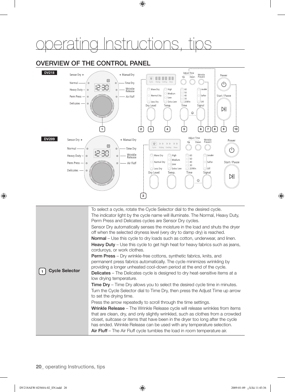 Operating instructions, tips, Overview of the control panel | Samsung DV209AE User Manual | Page 20 / 68