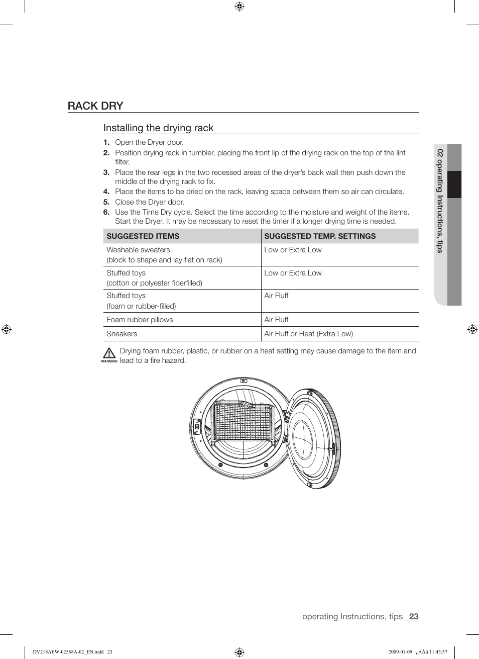 Rack dry, Installing the drying rack | Samsung DV209AE User Manual | Page 23 / 68