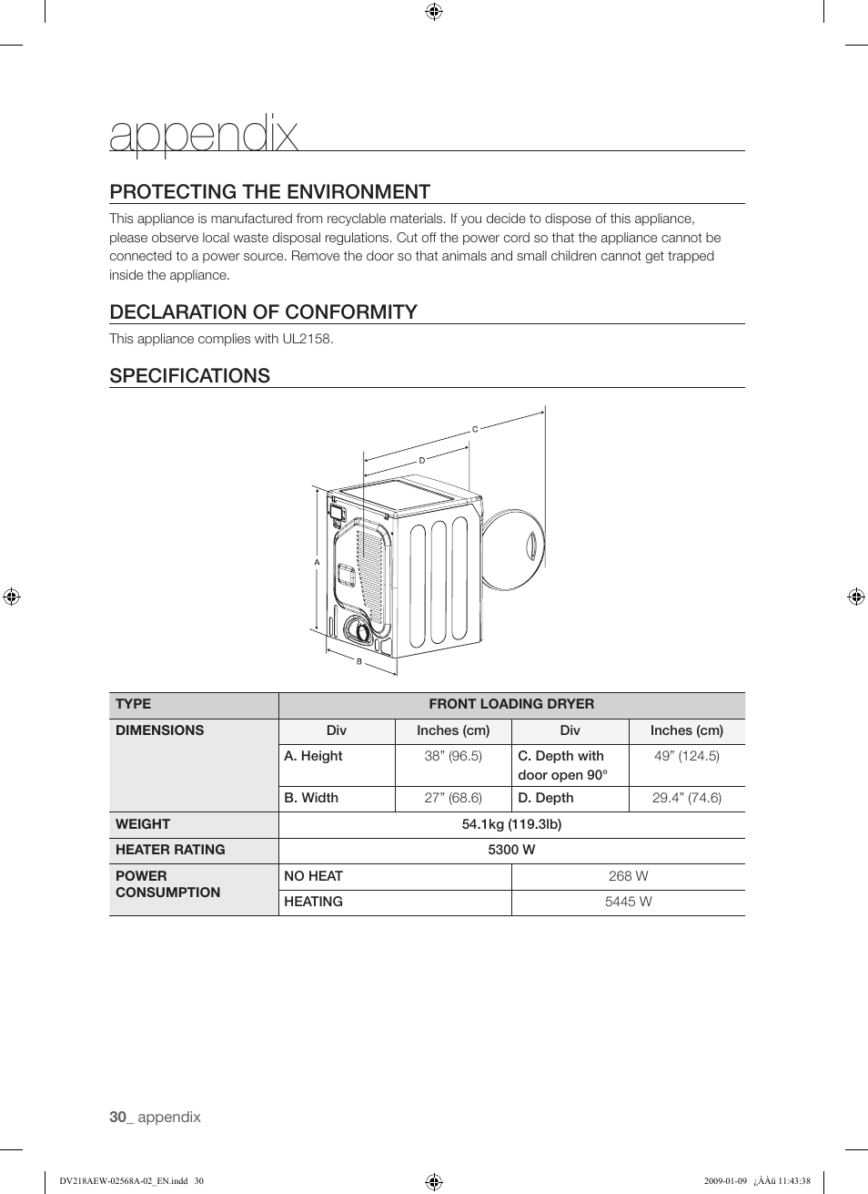 Appendix, Protecting the environment, Declaration of conformity | Specifications | Samsung DV209AE User Manual | Page 30 / 68