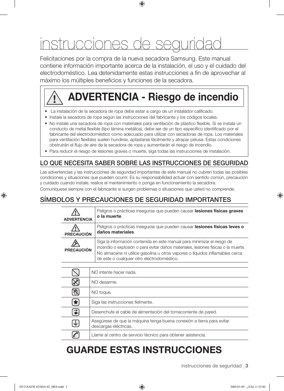 Instrucciones de seguridad, Advertencia - riesgo de incendio, Guarde estas instrucciones | Samsung DV209AE User Manual | Page 37 / 68