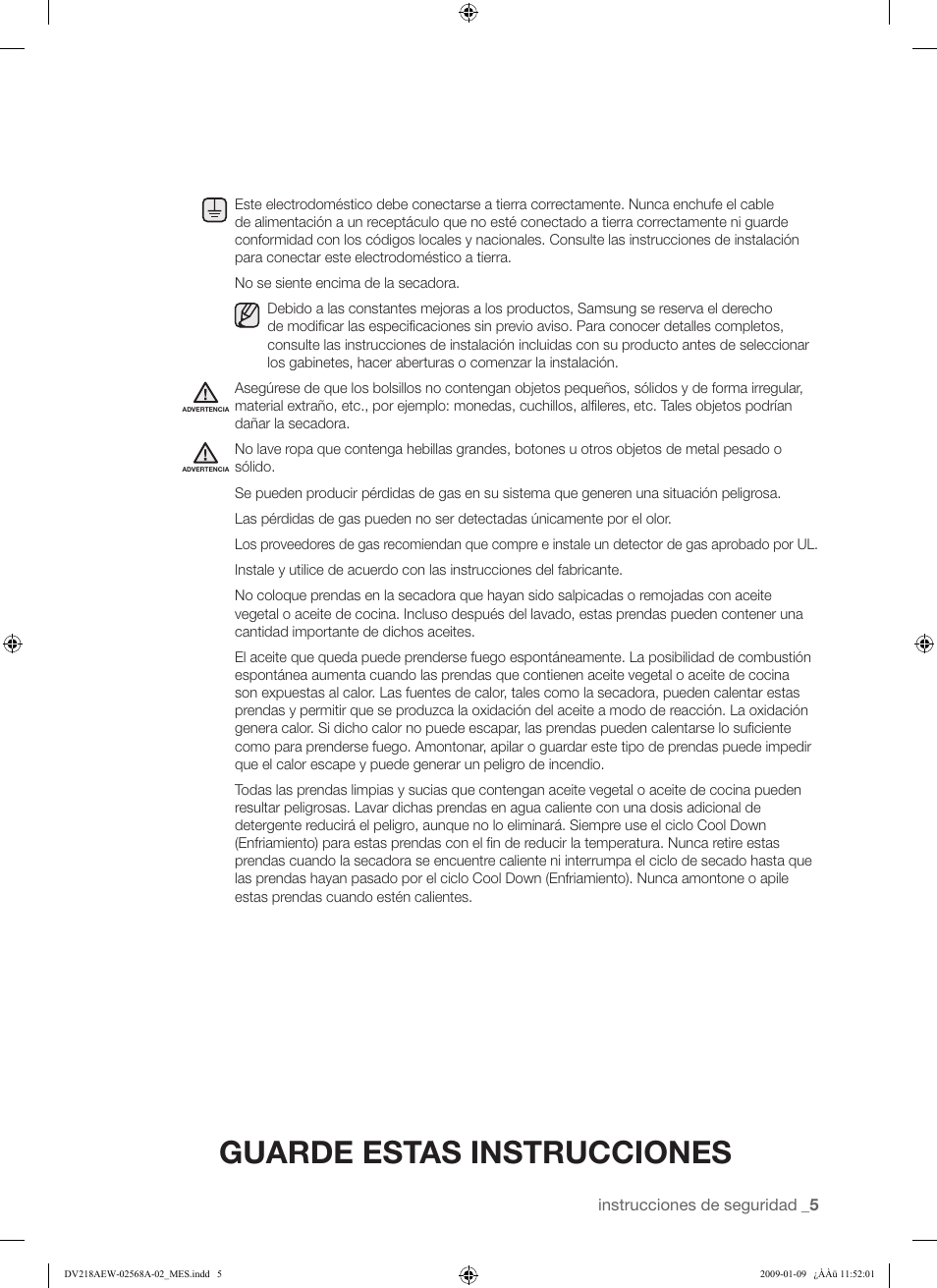 Guarde estas instrucciones | Samsung DV209AE User Manual | Page 39 / 68