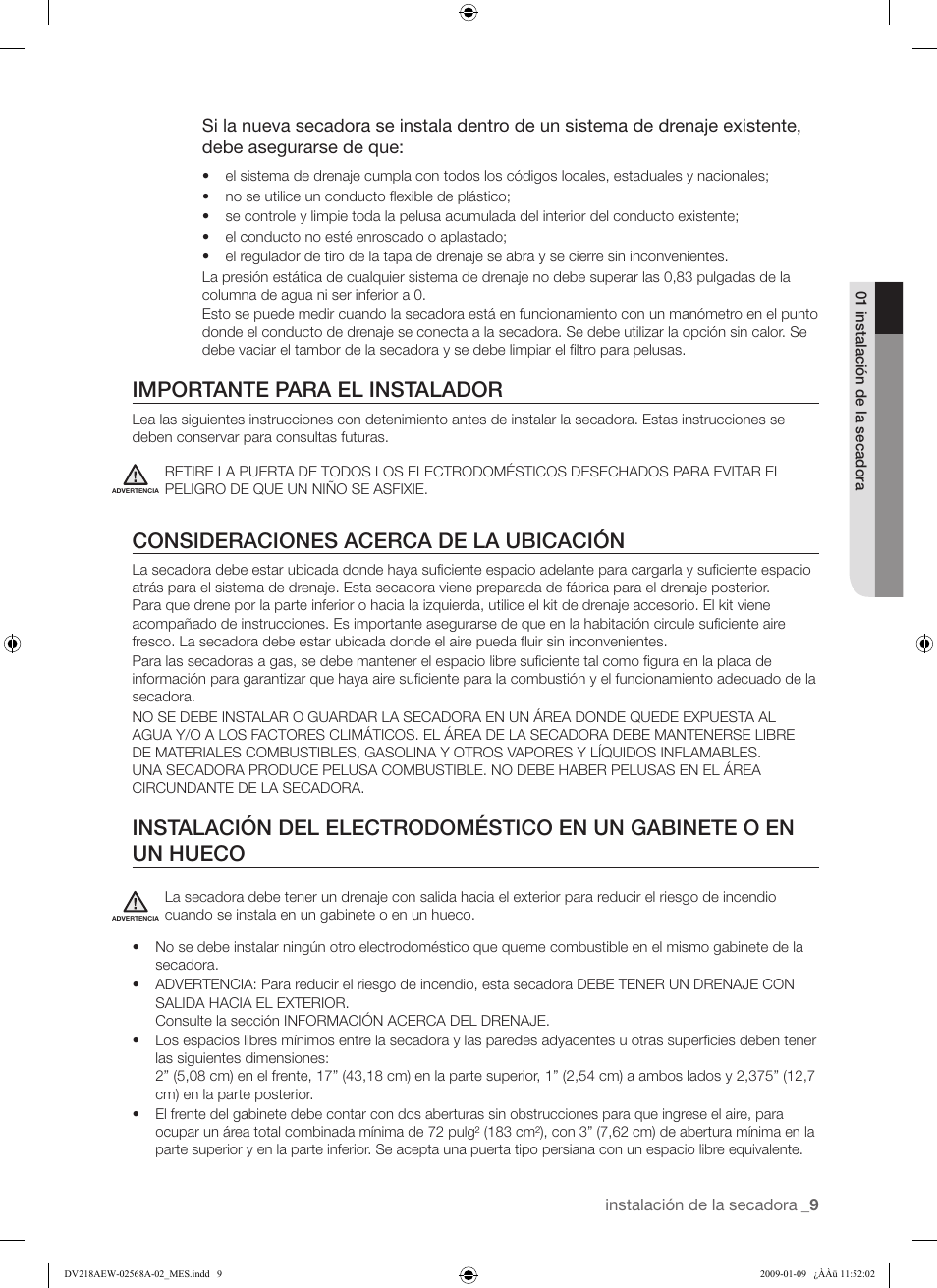 Importante para el instalador, Consideraciones acerca de la ubicación | Samsung DV209AE User Manual | Page 43 / 68