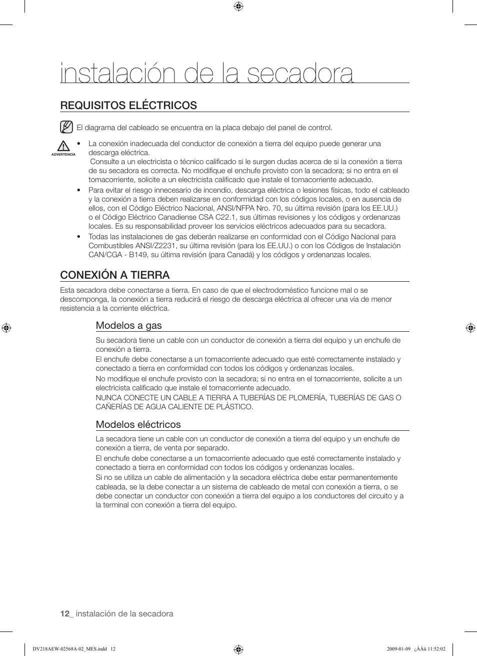 Instalación de la secadora, Requisitos eléctricos, Conexión a tierra | Samsung DV209AE User Manual | Page 46 / 68