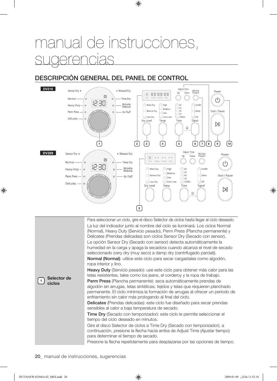 Manual de instrucciones, sugerencias, Descripción general del panel de control | Samsung DV209AE User Manual | Page 54 / 68
