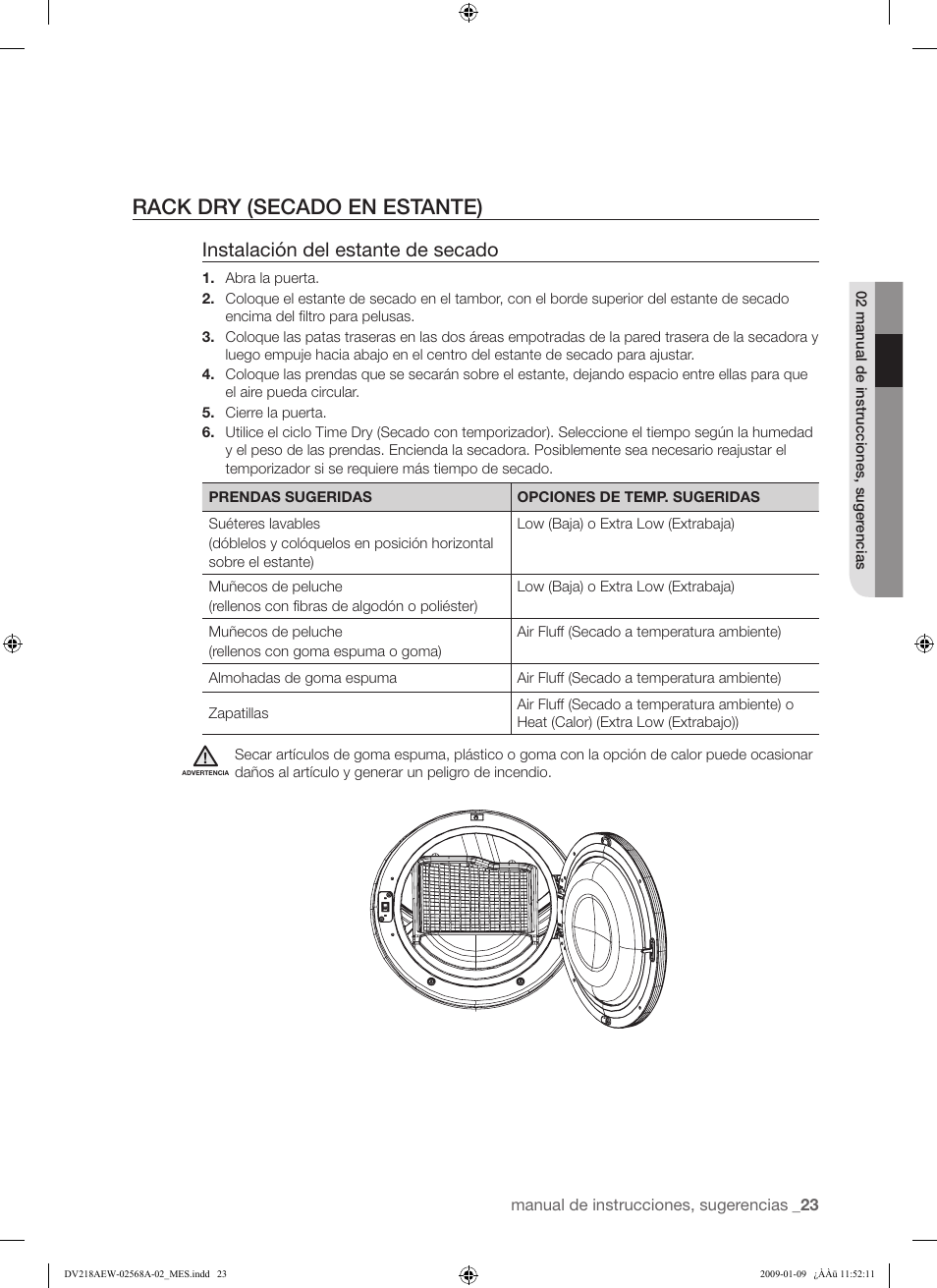 Rack dry (secado en estante), Instalación del estante de secado | Samsung DV209AE User Manual | Page 57 / 68