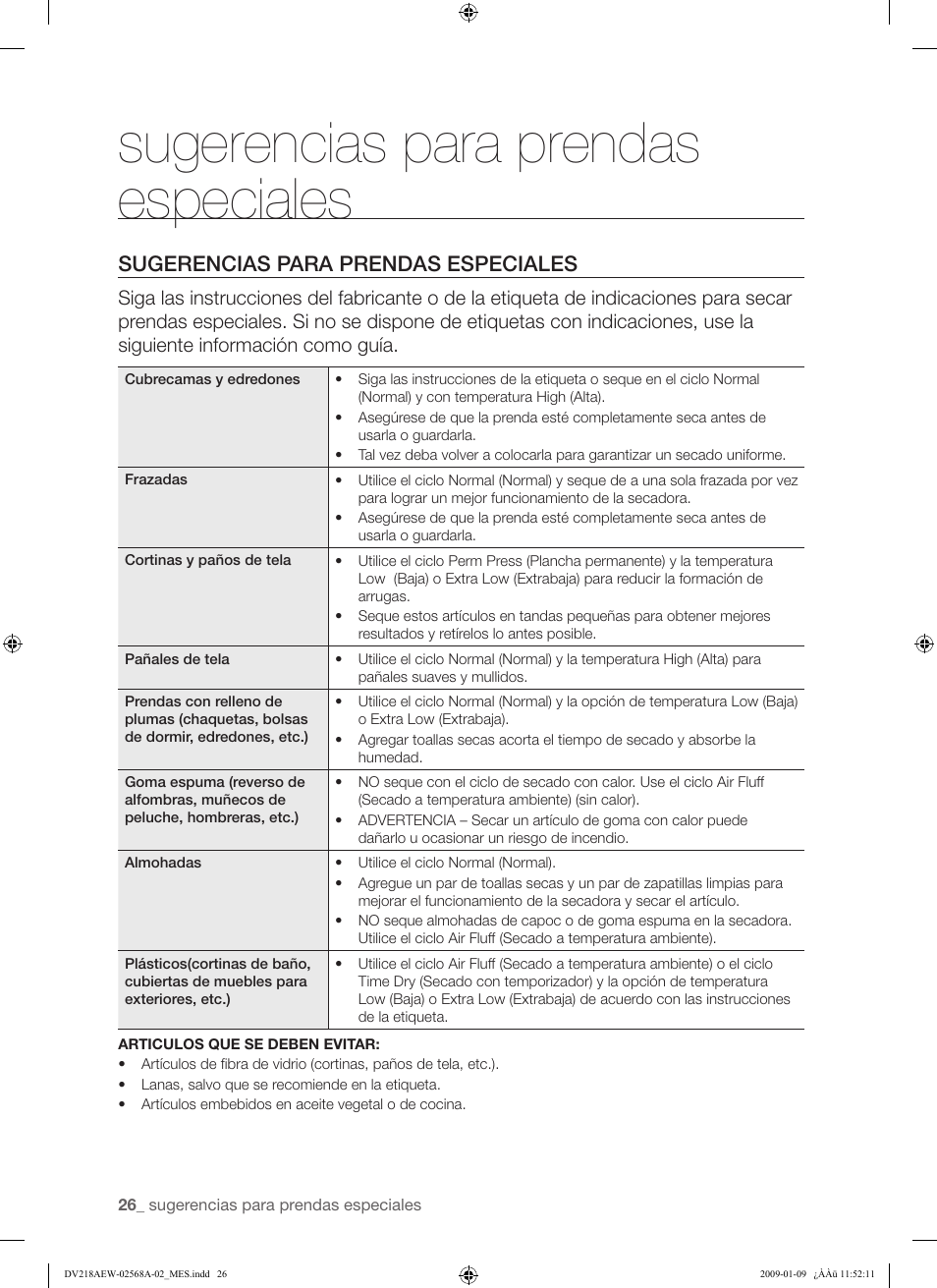 Sugerencias para prendas especiales | Samsung DV209AE User Manual | Page 60 / 68