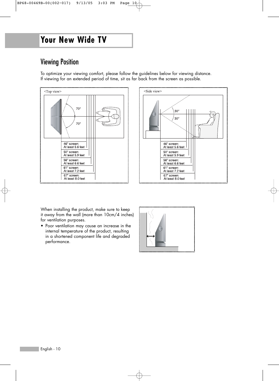 Your new wide tv, Viewing position | Samsung HL-R5067W User Manual | Page 10 / 144