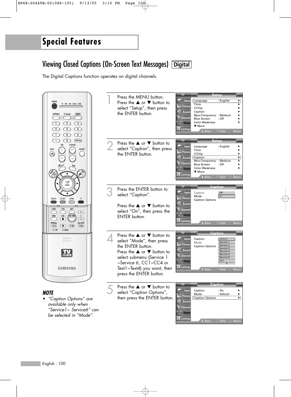 Special features, Viewing closed captions (on-screen text messages), Digital | Samsung HL-R5067W User Manual | Page 100 / 144