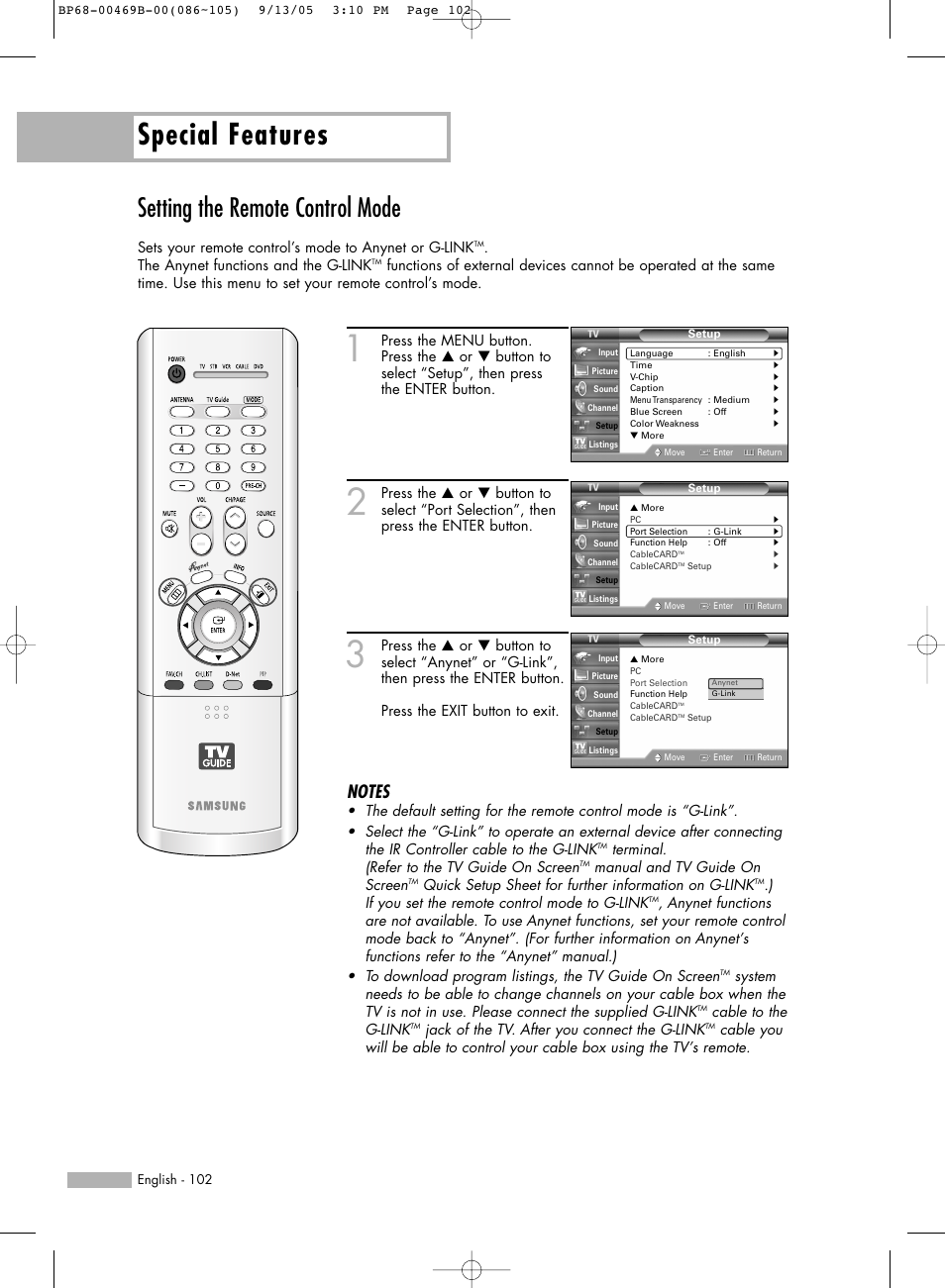 Setting the remote control mode, Special features | Samsung HL-R5067W User Manual | Page 102 / 144
