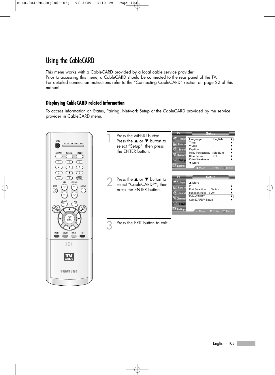 Using the cablecard, Displaying cablecard related information | Samsung HL-R5067W User Manual | Page 103 / 144