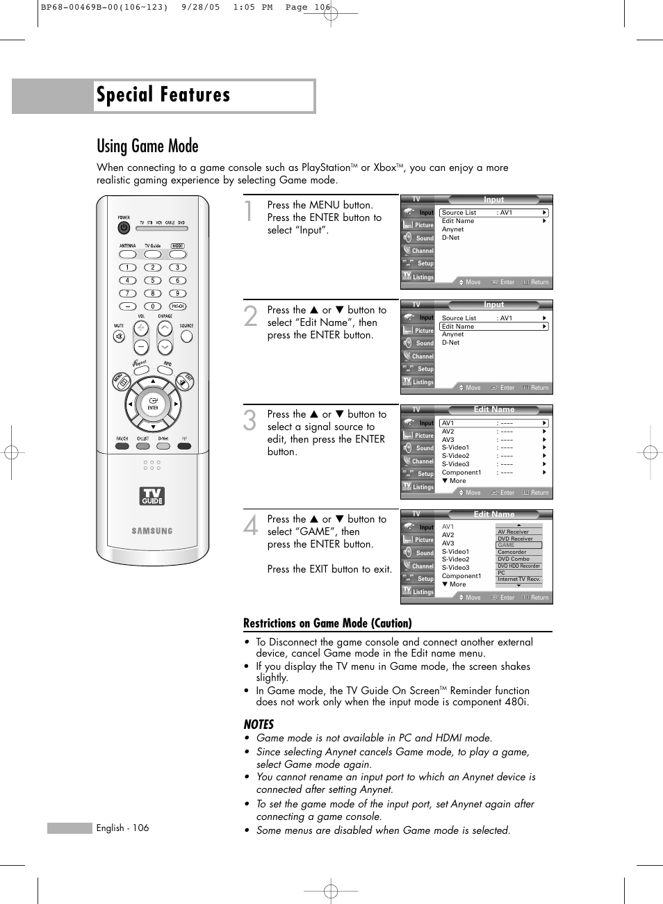 Using game mode, Special features, Restrictions on game mode (caution) | Samsung HL-R5067W User Manual | Page 106 / 144