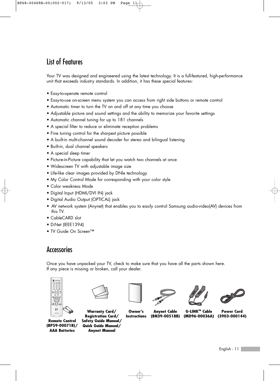 List of features, Accessories | Samsung HL-R5067W User Manual | Page 11 / 144