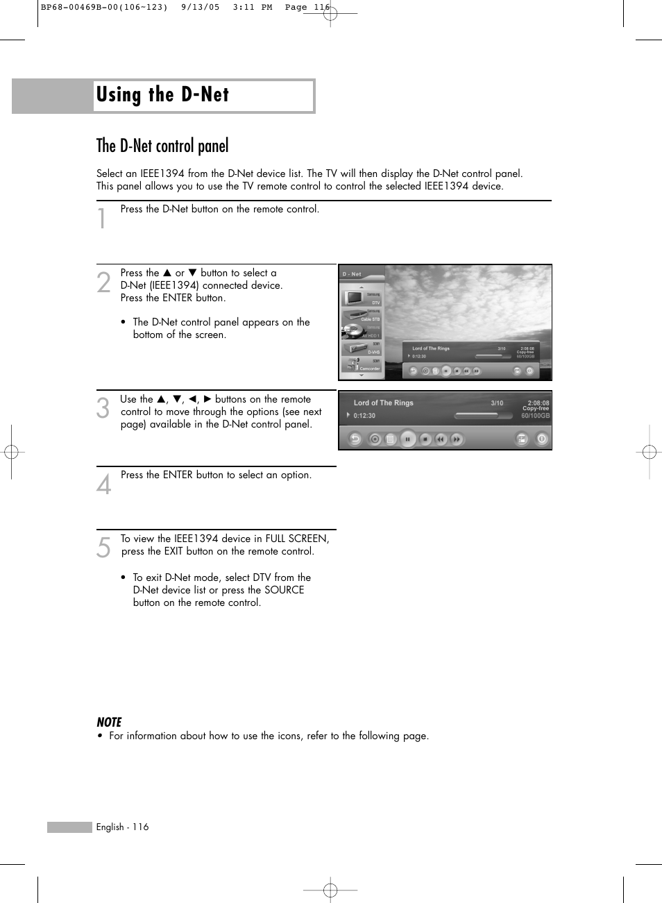 The d-net control panel, Using the d-net | Samsung HL-R5067W User Manual | Page 116 / 144