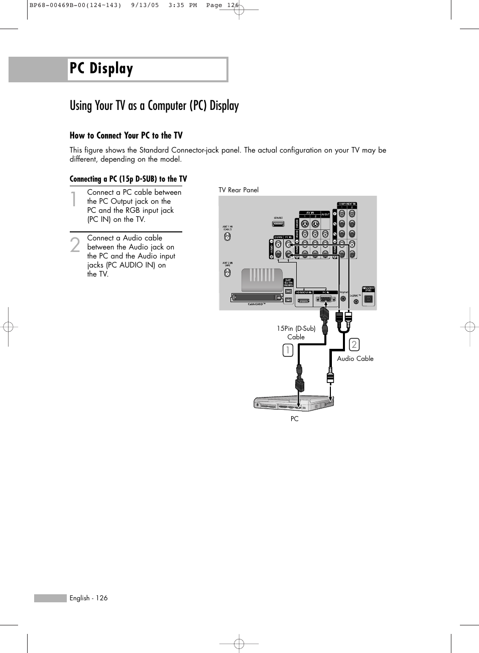 Pc display, Using your tv as a computer(pc) display, Using your tv as a computer (pc) display | Samsung HL-R5067W User Manual | Page 126 / 144