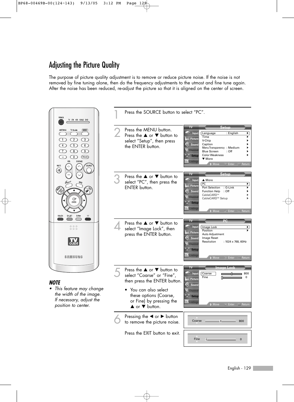 Adjusting the picture quality | Samsung HL-R5067W User Manual | Page 129 / 144