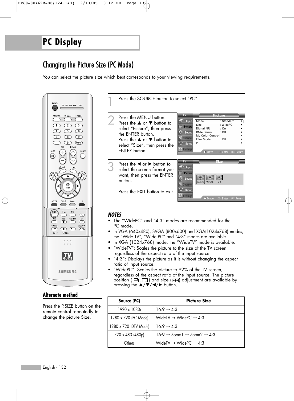 Changing the picture size(pc mode), Pc display, Changing the picture size (pc mode) | Alternate method | Samsung HL-R5067W User Manual | Page 132 / 144