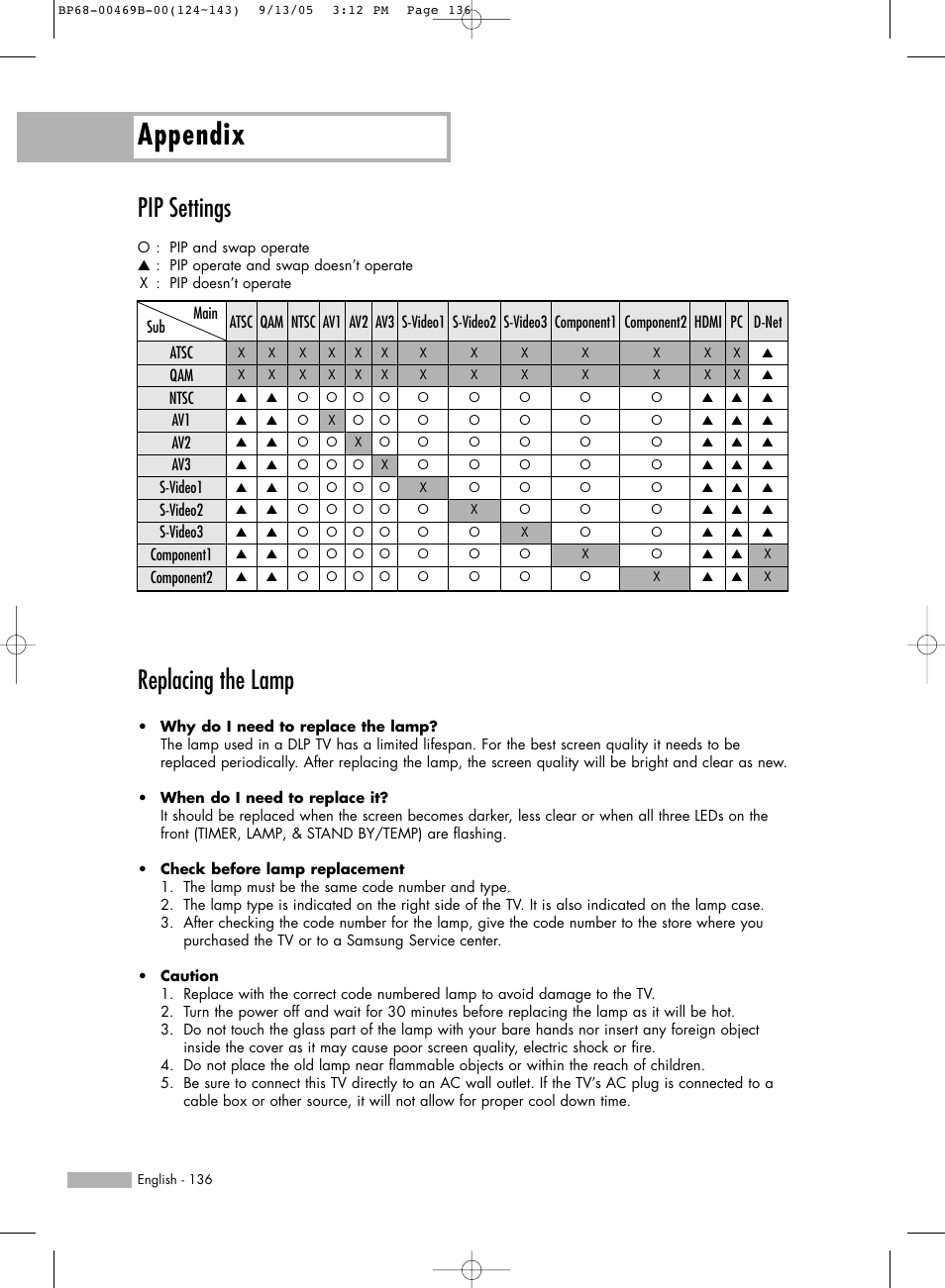 Appendix, Pip settings, Replacing the lamp | Samsung HL-R5067W User Manual | Page 136 / 144