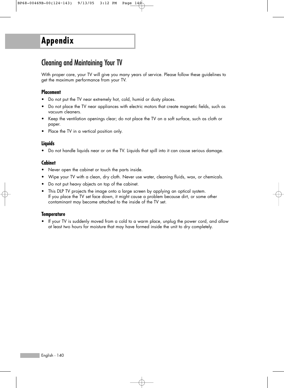 Cleaning and maintaining your tv, Appendix | Samsung HL-R5067W User Manual | Page 140 / 144
