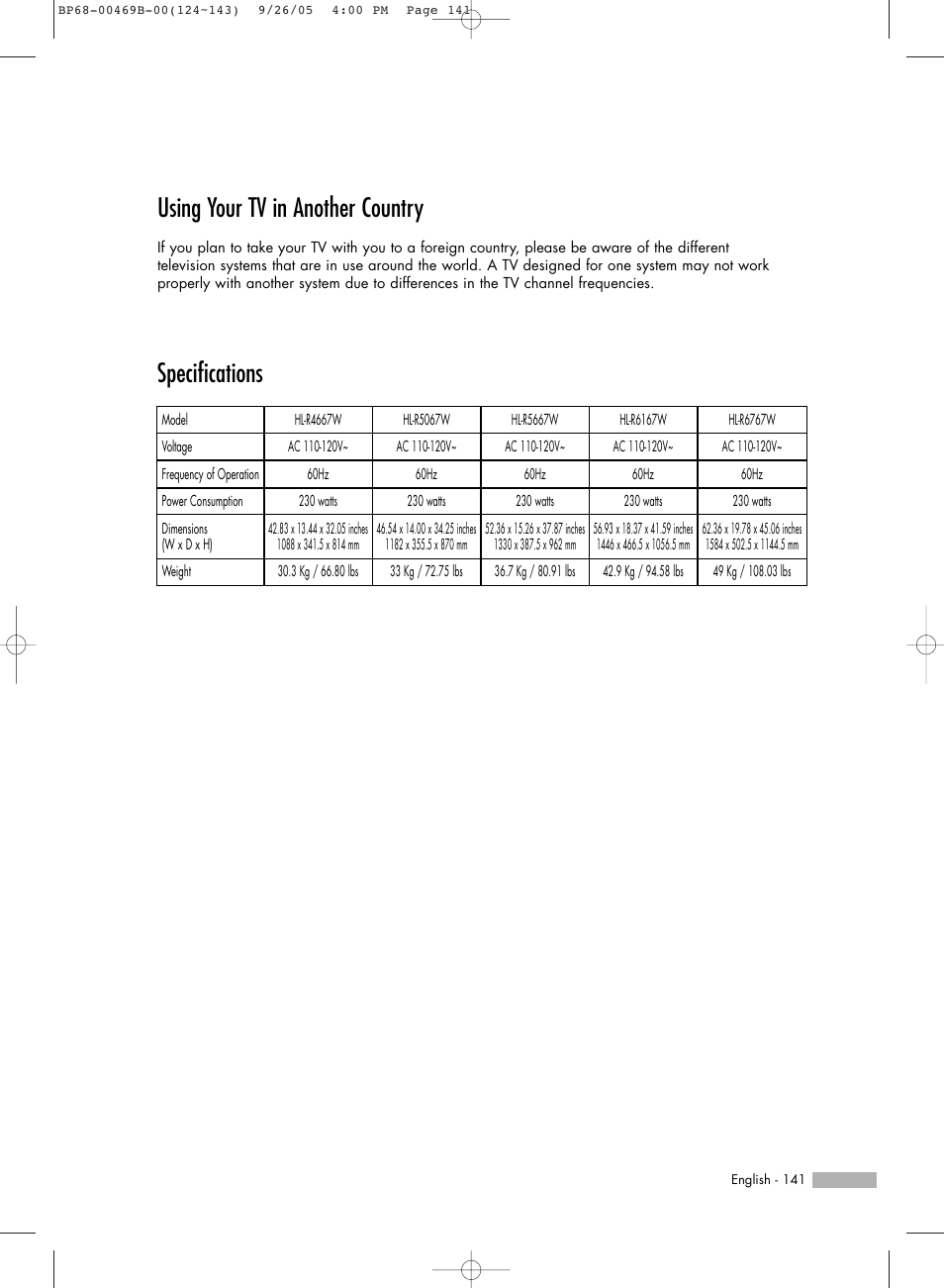 Using your tv in another country, Specifications | Samsung HL-R5067W User Manual | Page 141 / 144