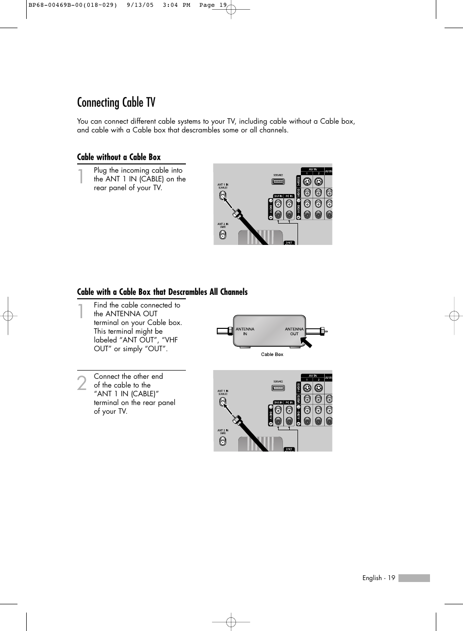 Connecting cable tv, Cable without a cable box | Samsung HL-R5067W User Manual | Page 19 / 144