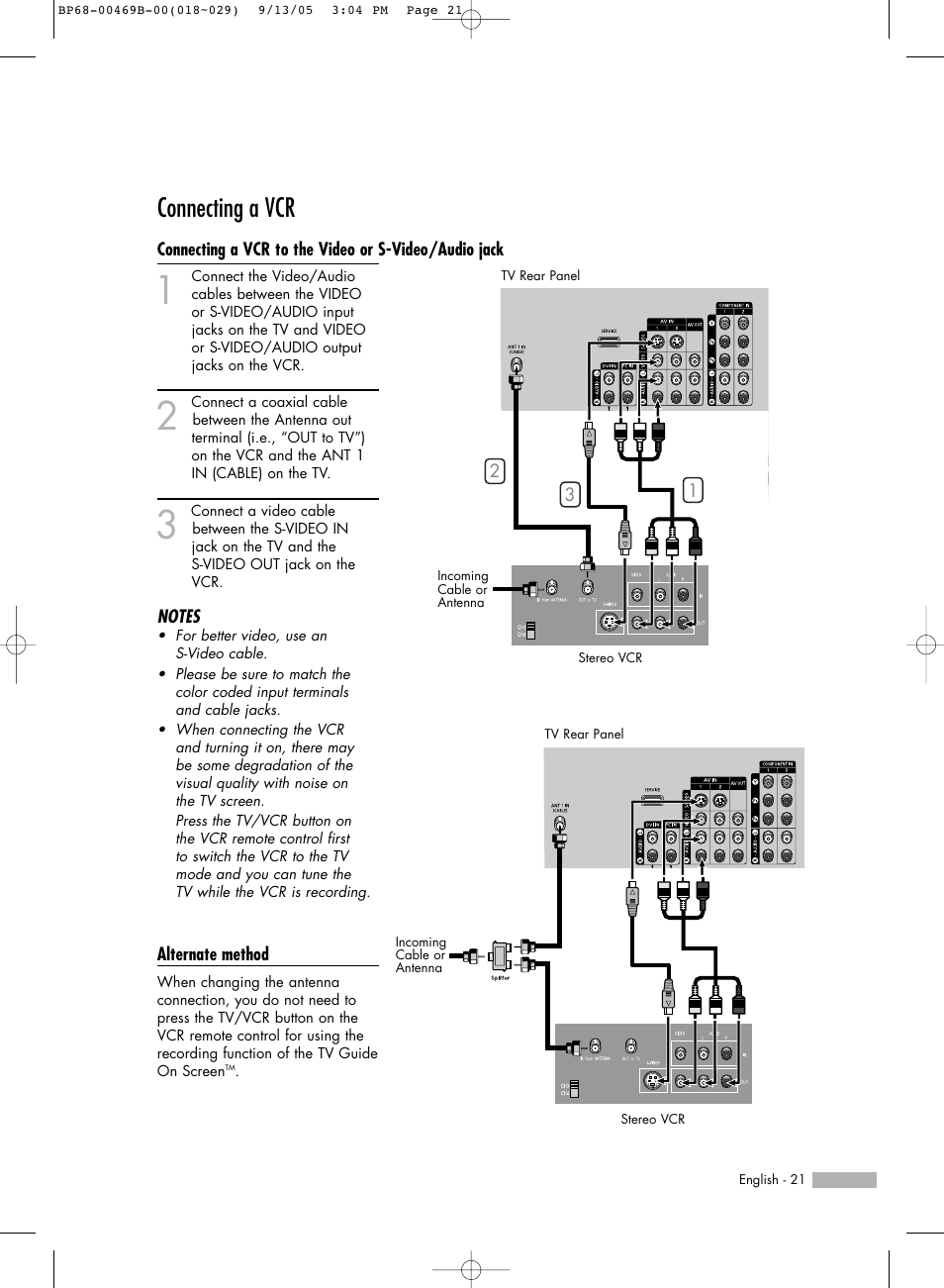 Connecting a vcr | Samsung HL-R5067W User Manual | Page 21 / 144