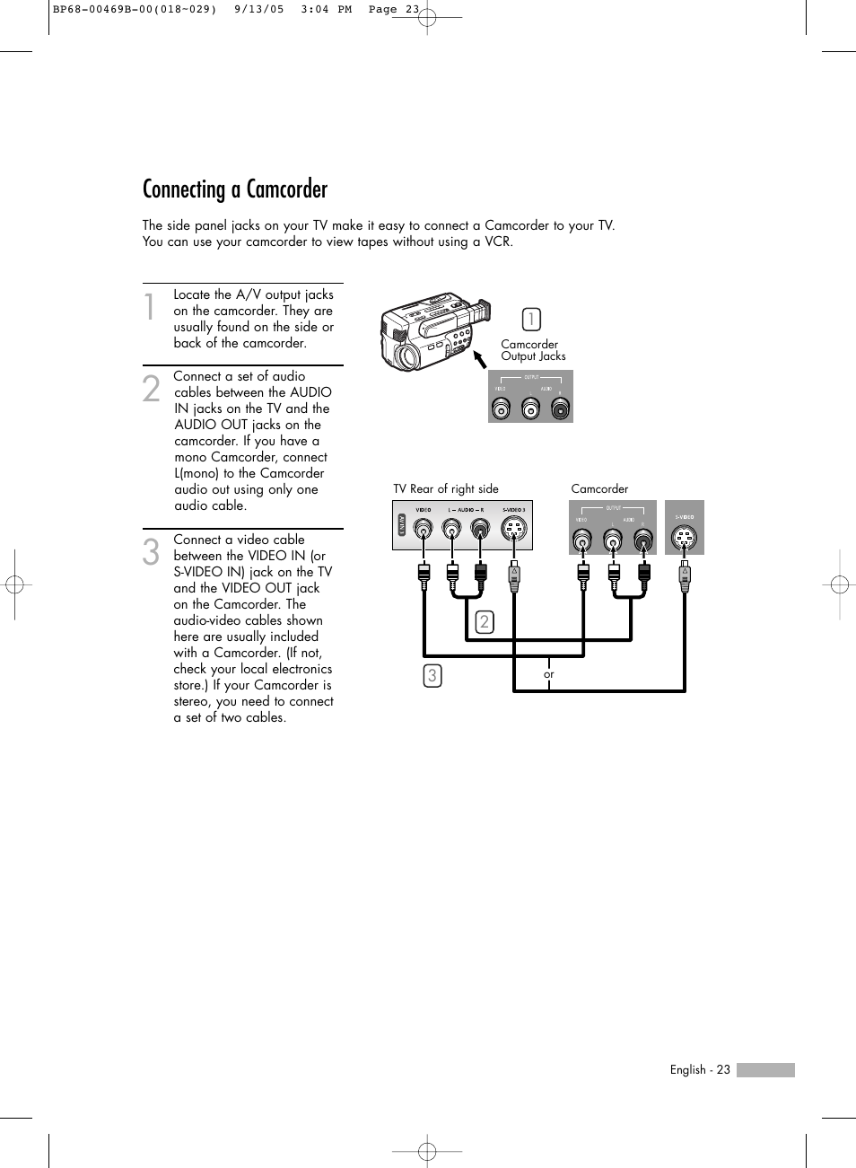 Connecting a camcorder | Samsung HL-R5067W User Manual | Page 23 / 144