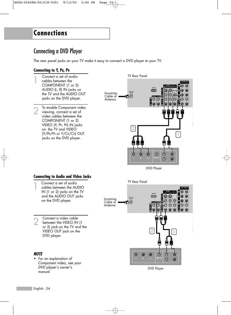 Connecting a dvd player, Connecting to y,pb,pr, Connecting to audio and video jacks | Connections | Samsung HL-R5067W User Manual | Page 24 / 144