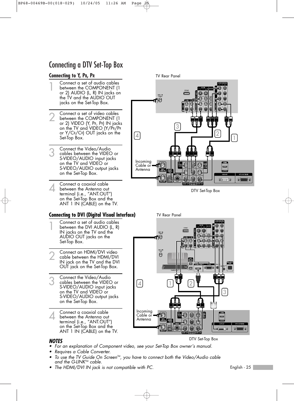 Connecting a dtv set-top box, Connecting to y,pb,pr, Connecting to dvi(digital visual interface) | Samsung HL-R5067W User Manual | Page 25 / 144