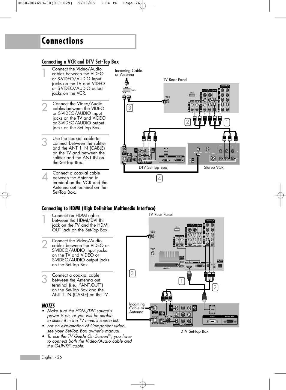 Connecting a vcr and dtv set-top box, Connections | Samsung HL-R5067W User Manual | Page 26 / 144