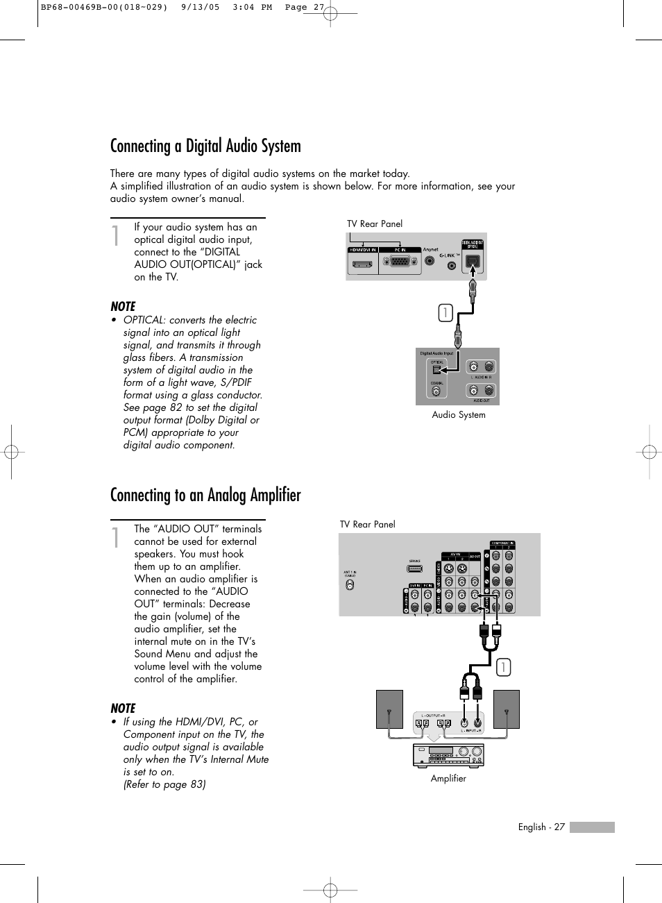 Connecting a digital audio system, Connecting to an analog amplifier | Samsung HL-R5067W User Manual | Page 27 / 144