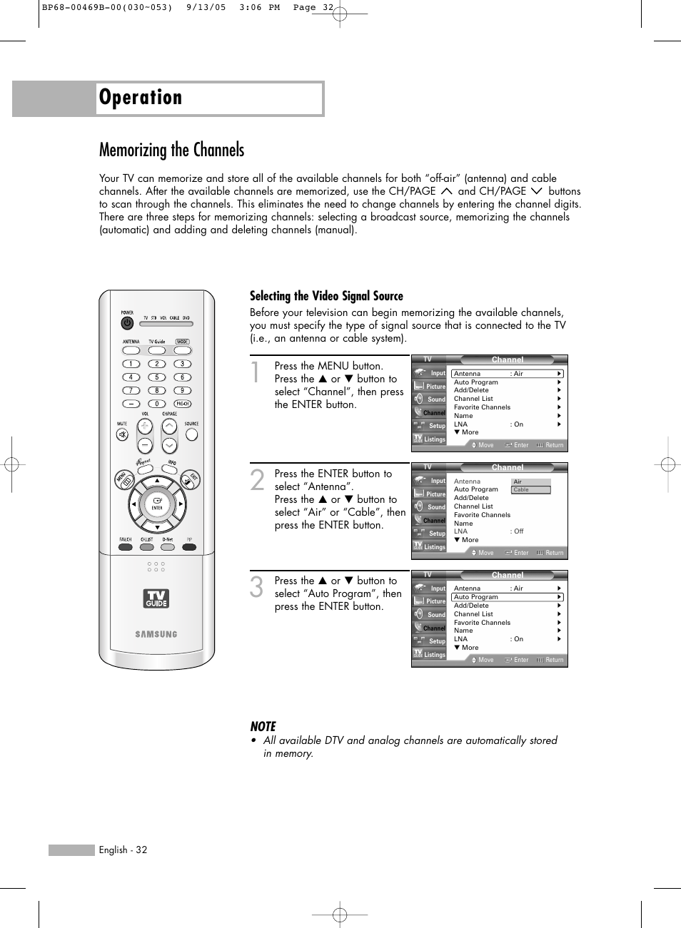 Memorizing the channels, Operation, Selecting the video signal source | Samsung HL-R5067W User Manual | Page 32 / 144