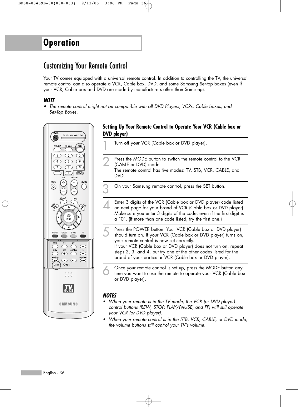 Customizing your remote control, Operation | Samsung HL-R5067W User Manual | Page 36 / 144