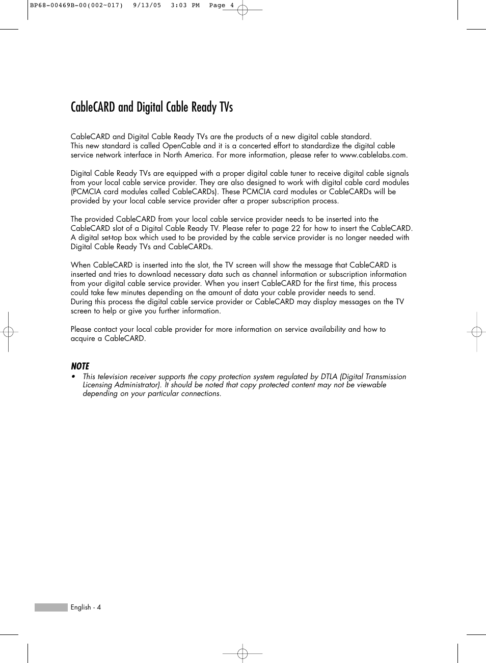 Cablecard and digital cable ready tvs | Samsung HL-R5067W User Manual | Page 4 / 144