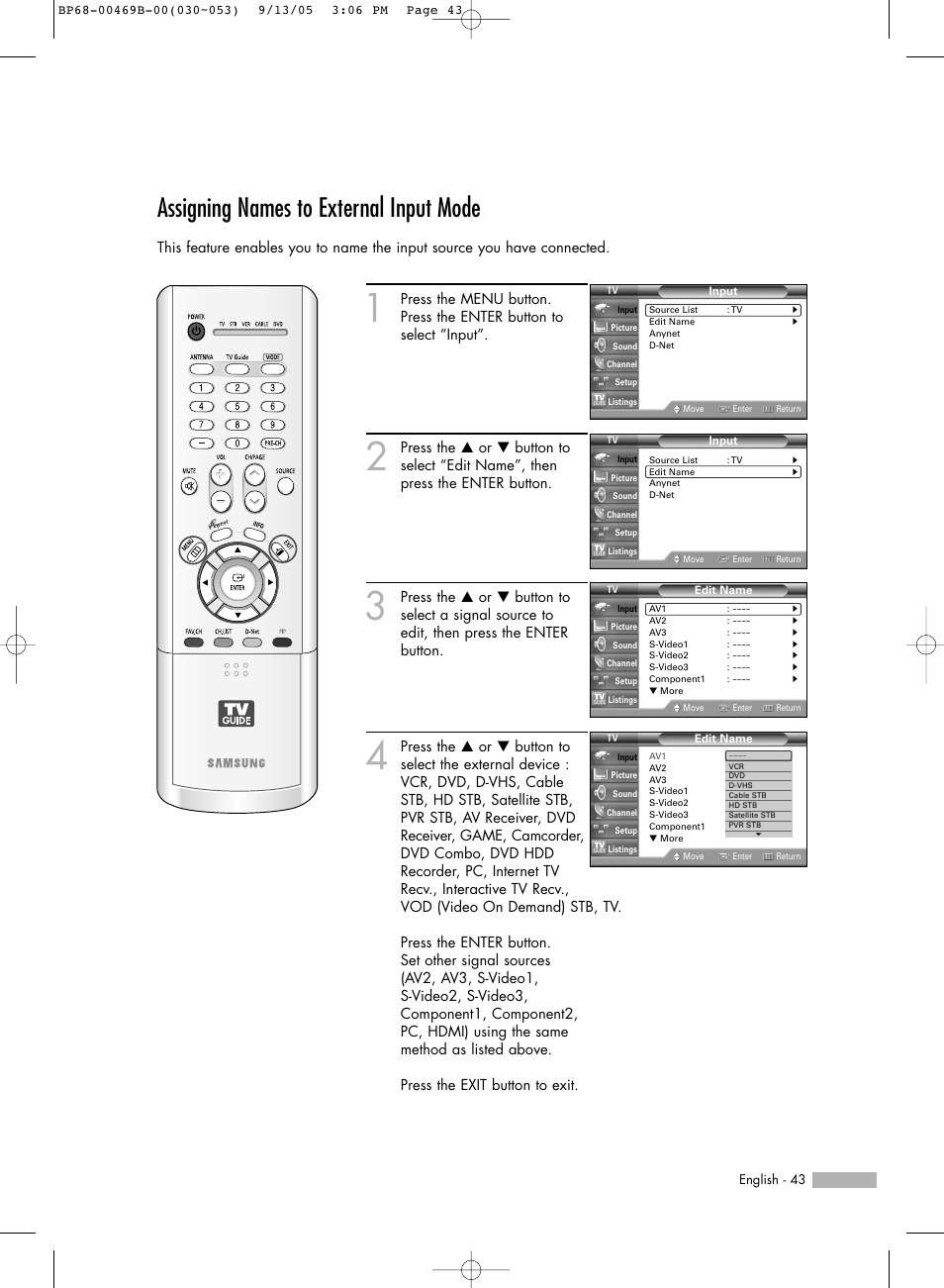 Assigning names to external input mode | Samsung HL-R5067W User Manual | Page 43 / 144