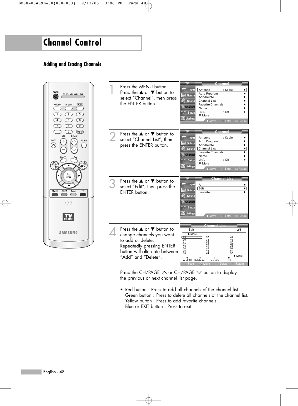 Channel control, Adding and erasing channels | Samsung HL-R5067W User Manual | Page 48 / 144