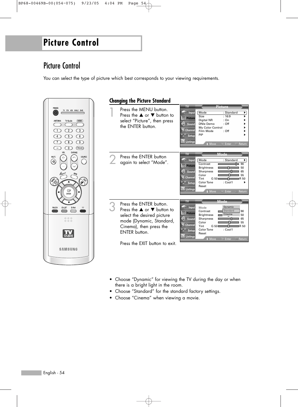 Picture control, Changing the picture standard | Samsung HL-R5067W User Manual | Page 54 / 144