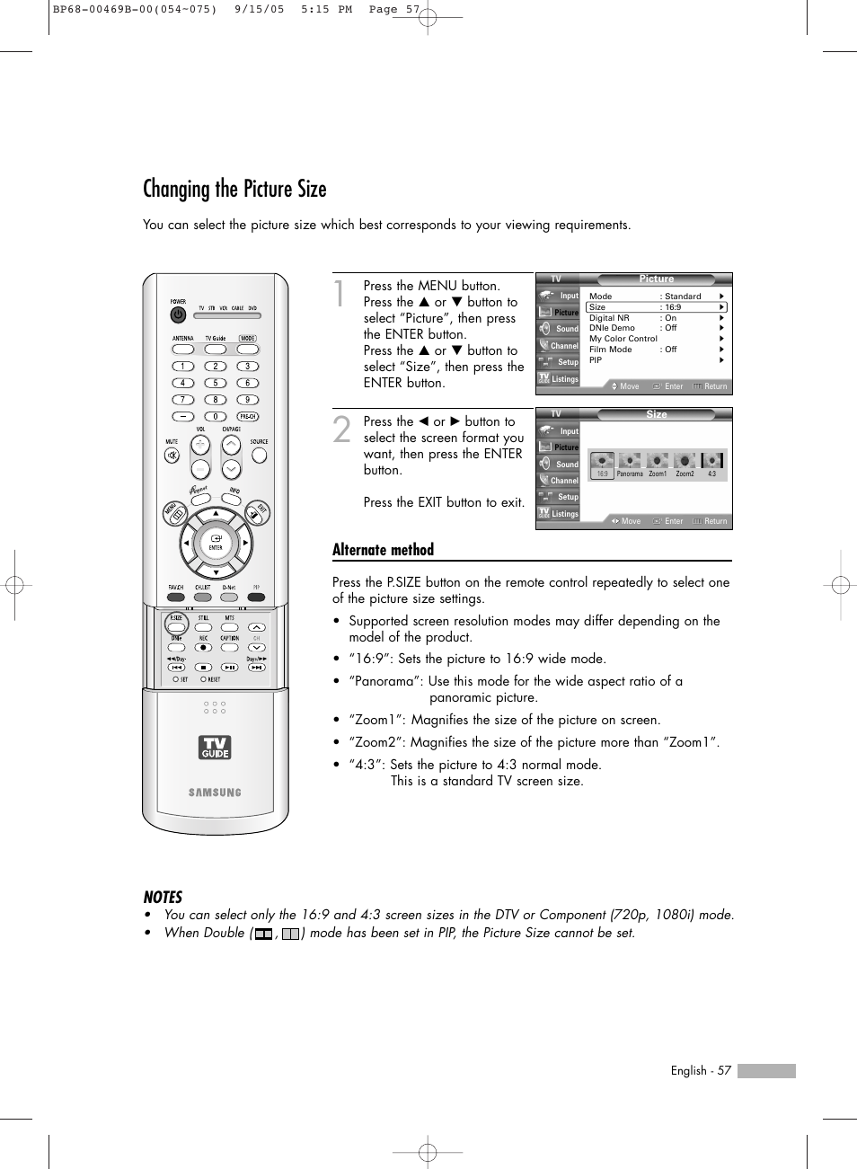 Changing the picture size, Alternate method | Samsung HL-R5067W User Manual | Page 57 / 144