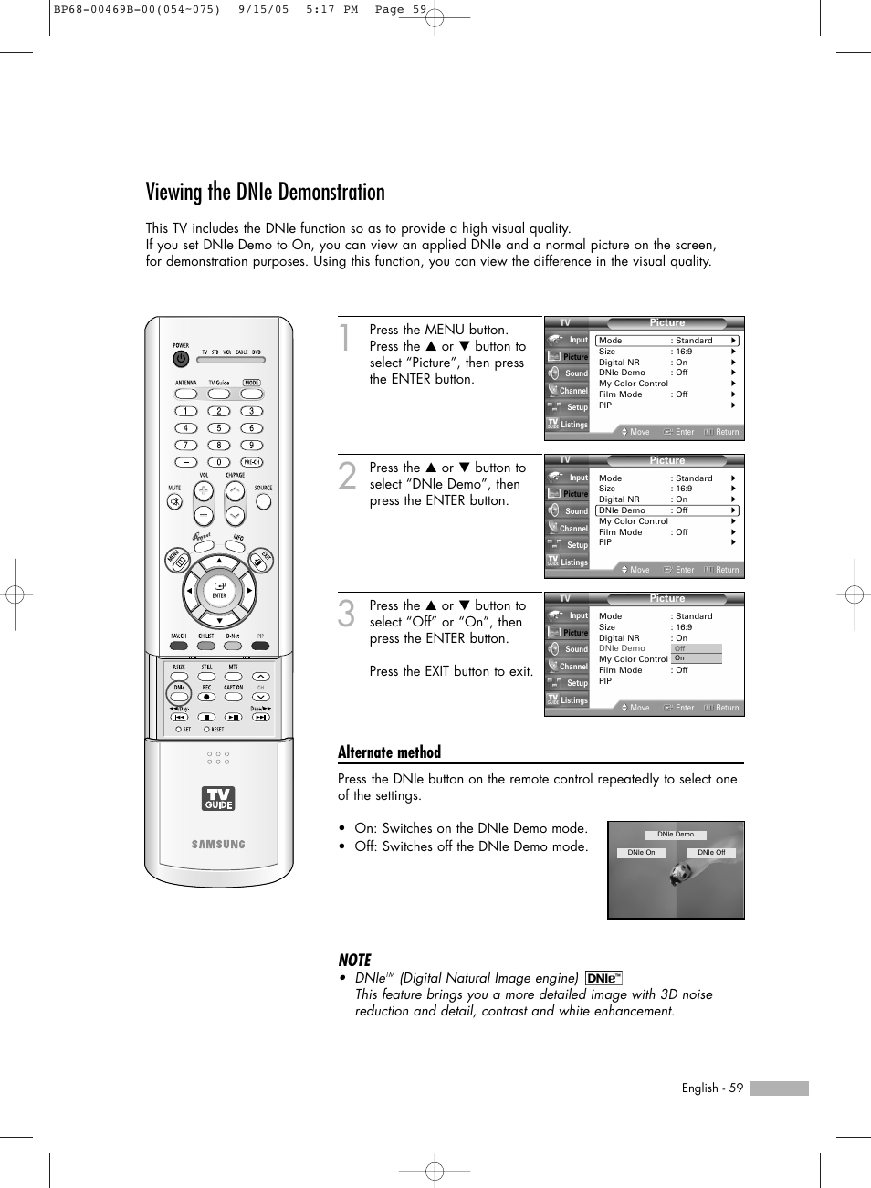 Viewing the dnie demonstration, Alternate method | Samsung HL-R5067W User Manual | Page 59 / 144