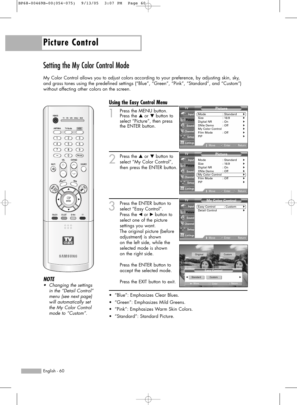 Setting the my color control mode, Picture control, Using the easy control menu | Samsung HL-R5067W User Manual | Page 60 / 144