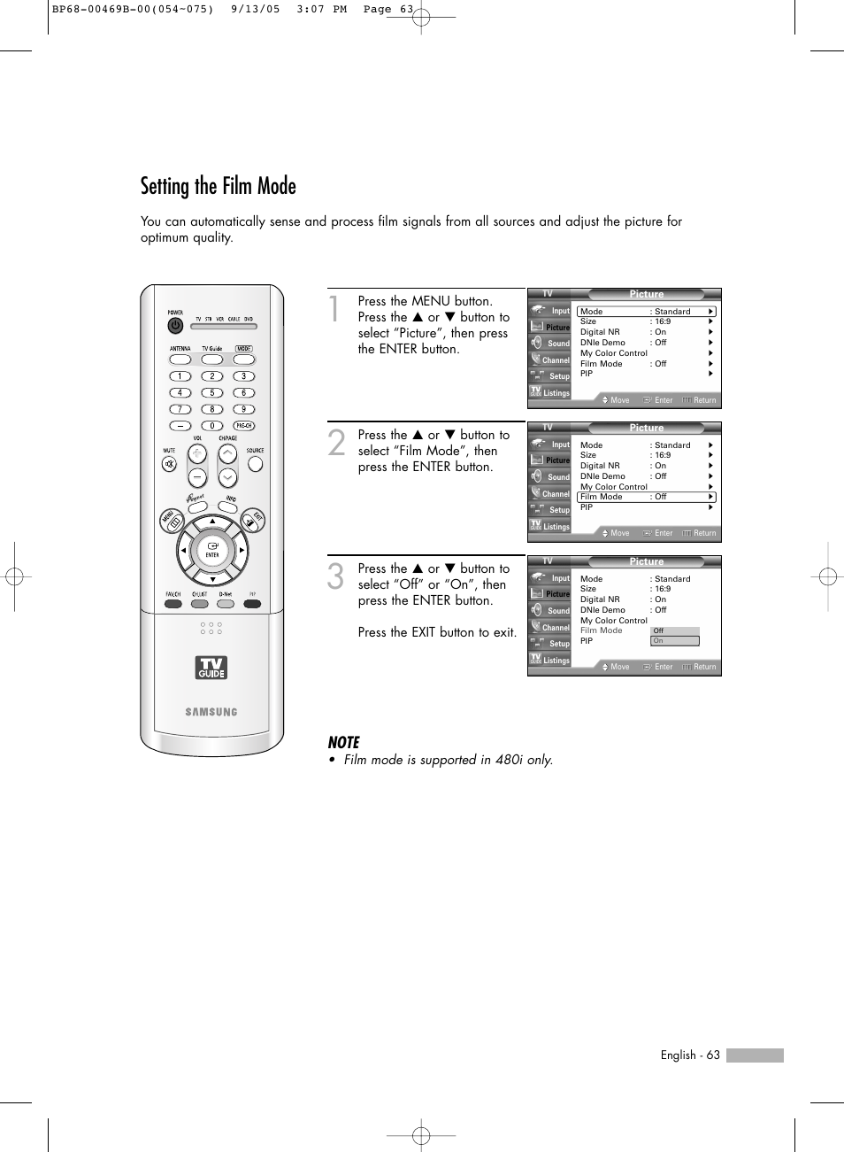 Setting the film mode | Samsung HL-R5067W User Manual | Page 63 / 144