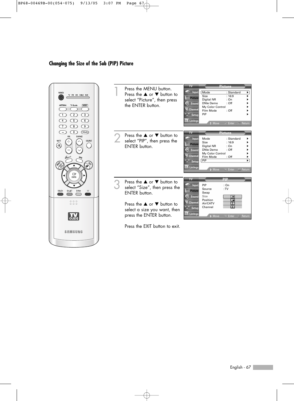 Changing the size of the sub (pip) picture | Samsung HL-R5067W User Manual | Page 67 / 144