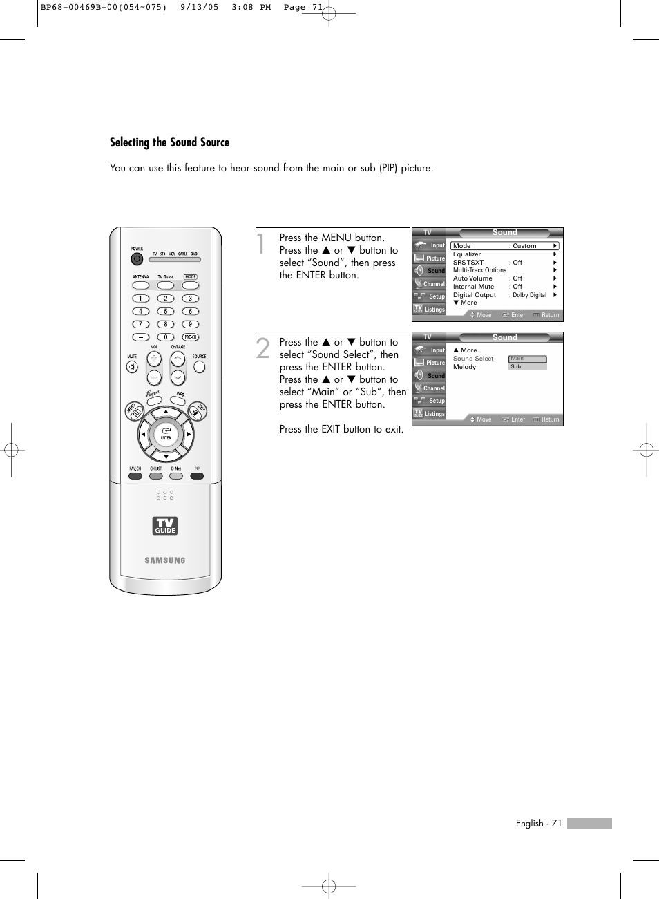 Selecting the sound source | Samsung HL-R5067W User Manual | Page 71 / 144