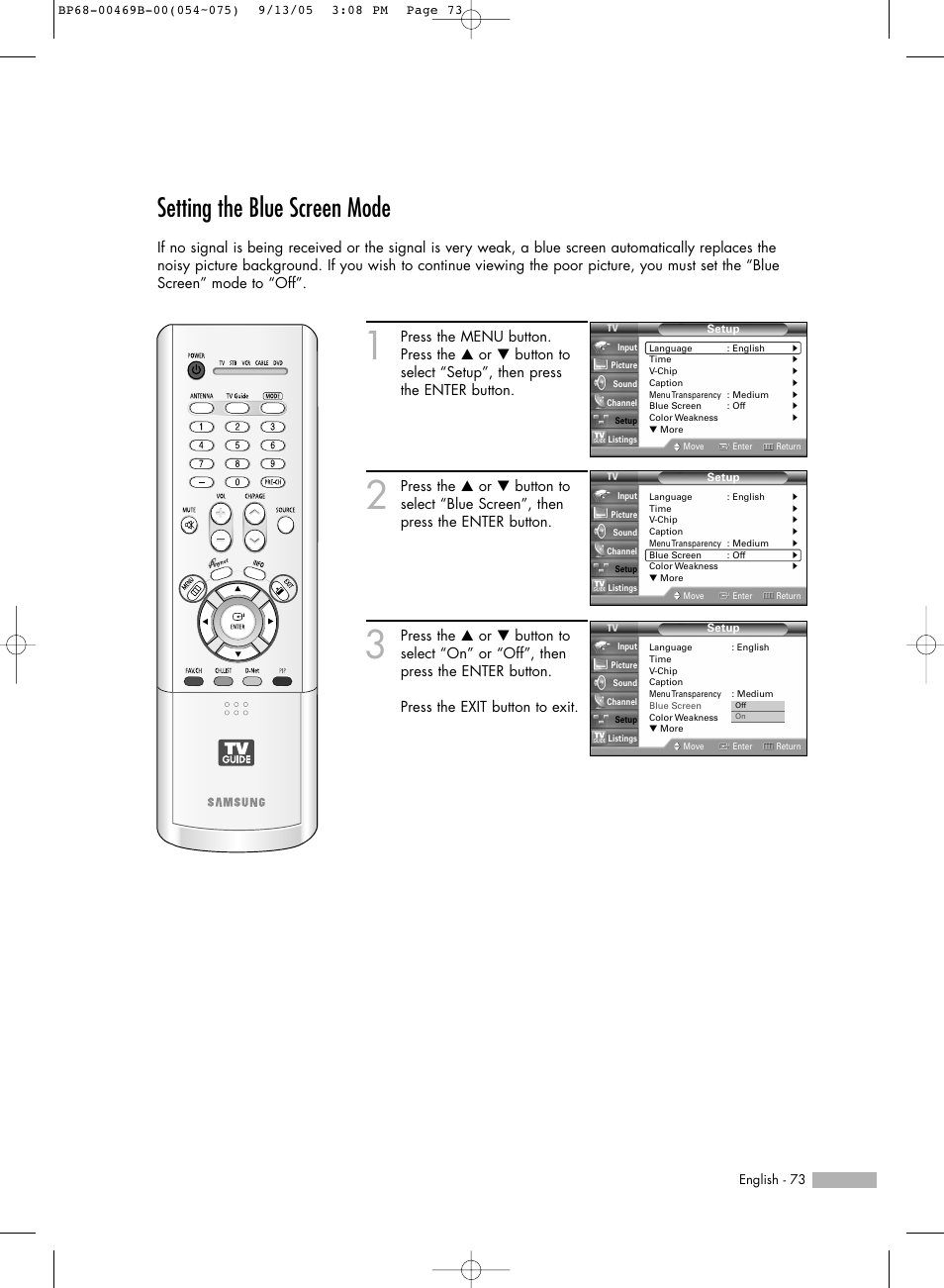 Setting the blue screen mode | Samsung HL-R5067W User Manual | Page 73 / 144