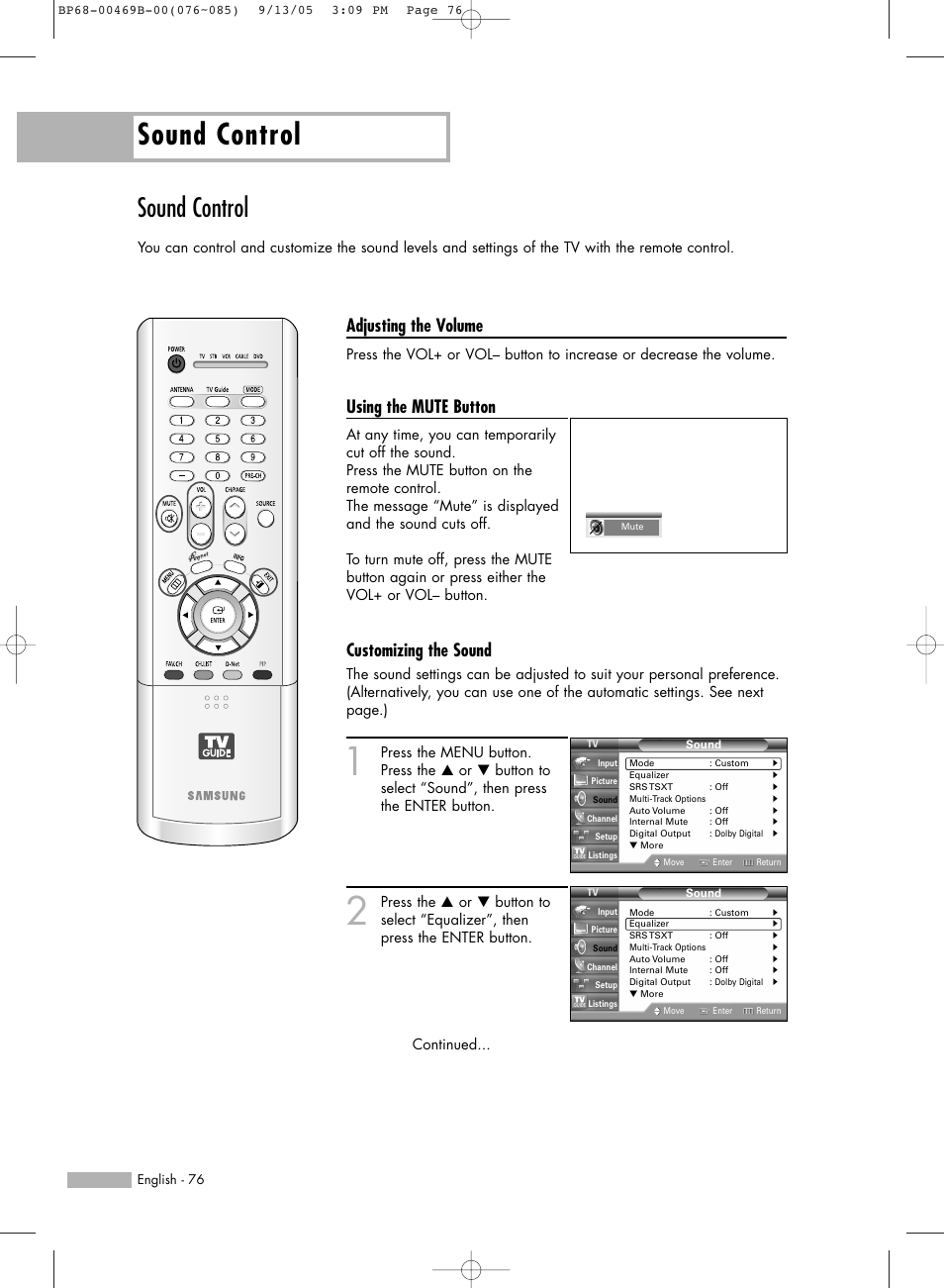 Sound control, Adjusting the volume, Using the mute button | Customizing the sound | Samsung HL-R5067W User Manual | Page 76 / 144