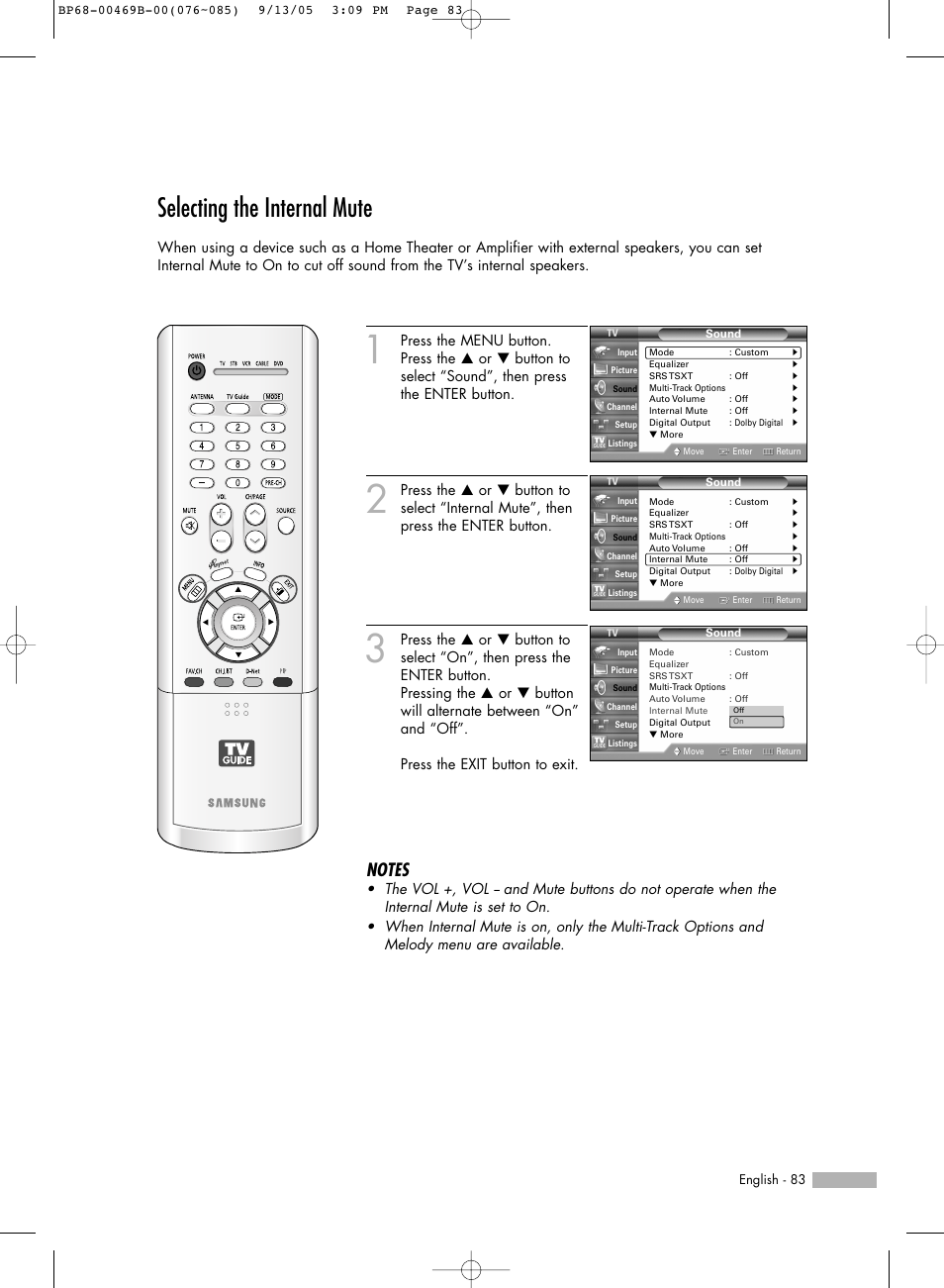 Selecting the internal mute | Samsung HL-R5067W User Manual | Page 83 / 144