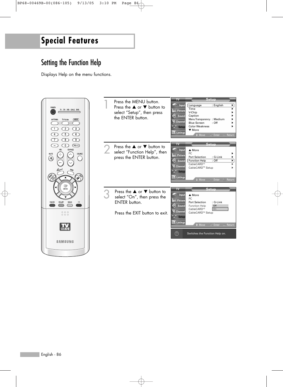 Special features, Setting the function help | Samsung HL-R5067W User Manual | Page 86 / 144